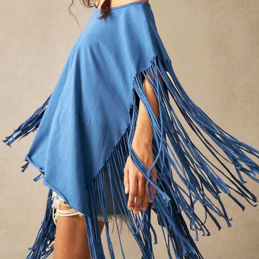Blue Casual Women's Tropical Vacation Clothes Knit Oblique Collar Fringe T-Shirt - Picture 3 of 7